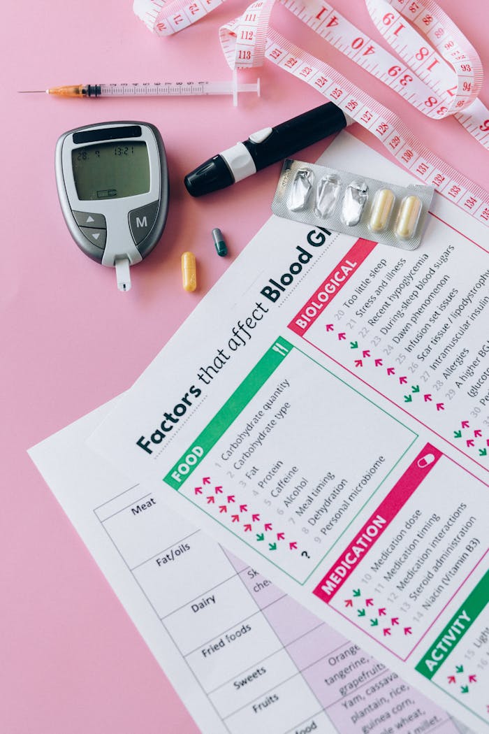The Art of Drawing Readers In: Your attractive post title goes here Close-up of diabetes management tools and information on a pink background.